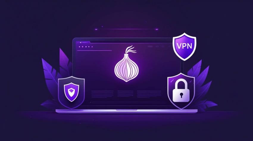 Feature illustration showing onion sites, Tor Browser, VPN, and security symbols for safe browsing in 2025