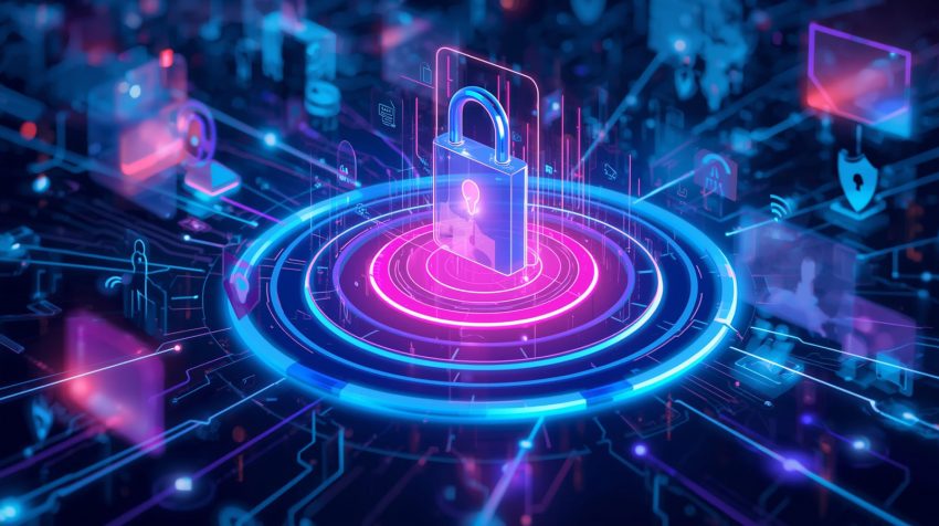 Digital illustration of layered encryption and privacy protection represented by a glowing lock within concentric circular rings.”