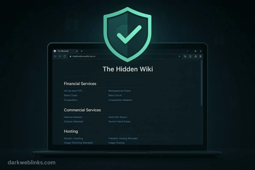 Realistic Tor browser showing the Hidden Wiki homepage with verified onion links and secure dark web interface – darkweblinks.com