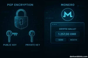 Illustration of PGP encryption and Monero cryptocurrency used for anonymous communication and payments on the dark web