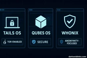 Infographic comparison of secure operating systems used for dark web browsing: Tails, Qubes OS, and Whonix