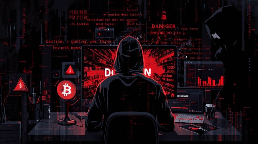 A hooded hacker facing multiple red-alert monitors showing "DANGER" and Bitcoin signs, symbolizing risks and mistakes on the dark web in 2025.