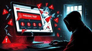 Warning sign on a computer screen representing dark web scams
