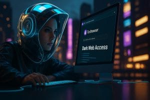 User silhouette navigating dark web safely with secure browsing tools