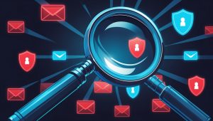 Digital illustration of a magnifying glass scanning onion sites with exposed data like emails/passwords, with shield icons showing protection.