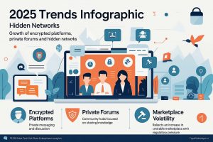 Illustration showing major 2025 trends in hidden networks, including encrypted communications, private communities, and marketplace volatility