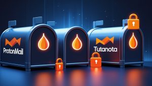 Logos and icons representing secure email providers like ProtonMail and Tutanota on onion services.
