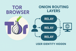 Tor Browser explained with onion routing and layered encryption concept.