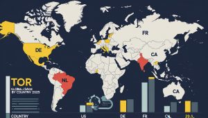 Infographic of 2025 Tor network usage statistics by country, highlighting top regions and traffic volumes.