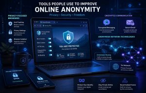 Illustration showing privacy-focused browsers, encrypted communication tools, and anonymous browsing technologies in 2026.
