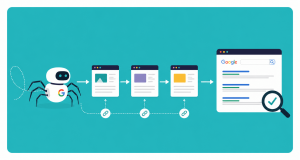 Illustration showing how search engine crawlers discover websites by following links and adding web pages to a search engine index.