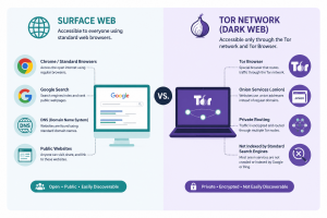 Split comparison infographic showing the differences between the Surface Web and the Tor Network, including standard browsers, Google Search, DNS, onion services, Tor Browser, and private routing.
