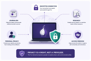 Illustration showing a laptop with the Tor onion icon, shield, lock, encrypted connection, and icons representing journalism, research, privacy, and secure communication on the Tor network.