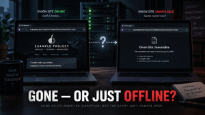 Onion website shown working and then unavailable, illustrating how an Onion Service can disappear temporarily without being permanently gone.