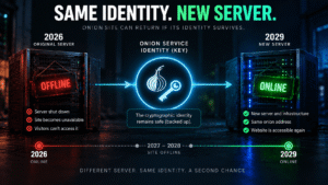 Onion Service moving from an offline server in 2026 to a new online server in 2029 while preserving the same cryptographic identity and onion address.