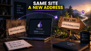 An onion site moving from an old address to a new one, illustrating how services can change addresses while outdated onion links remain behind.
