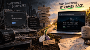 Onion website shown disappearing and later returning online, illustrating how an Onion Service can come back after server changes, maintenance, or extended downtime.