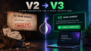 Comparison of obsolete V2 onion addresses and current V3 onion addresses, showing Tor’s transition to the newer Onion Service generation.