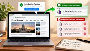 Illustration showing how to verify an official .onion address through a website's Onion-Location feature and avoid unverified onion links.