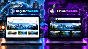 Comparison of a regular website and its .onion version showing two different ways to access the same website.