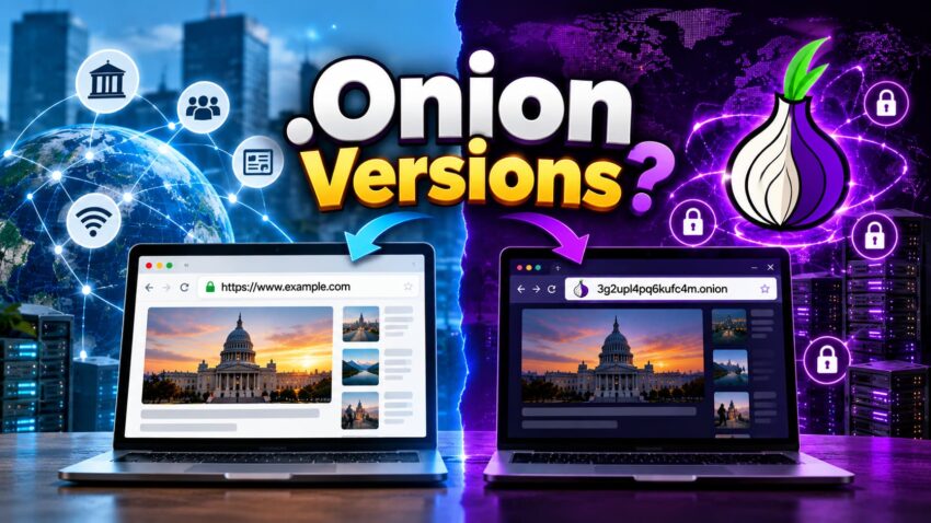 Comparison of a regular website and its official .onion version, showing how legitimate organizations can offer access through both the public web and Tor.